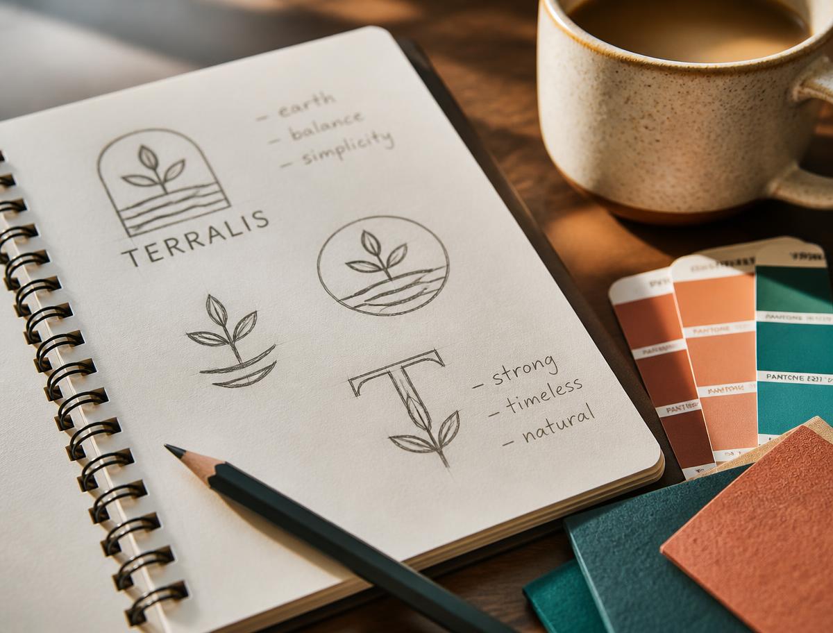 Sketchbook, colour swatches and pencil on a designer's desk
