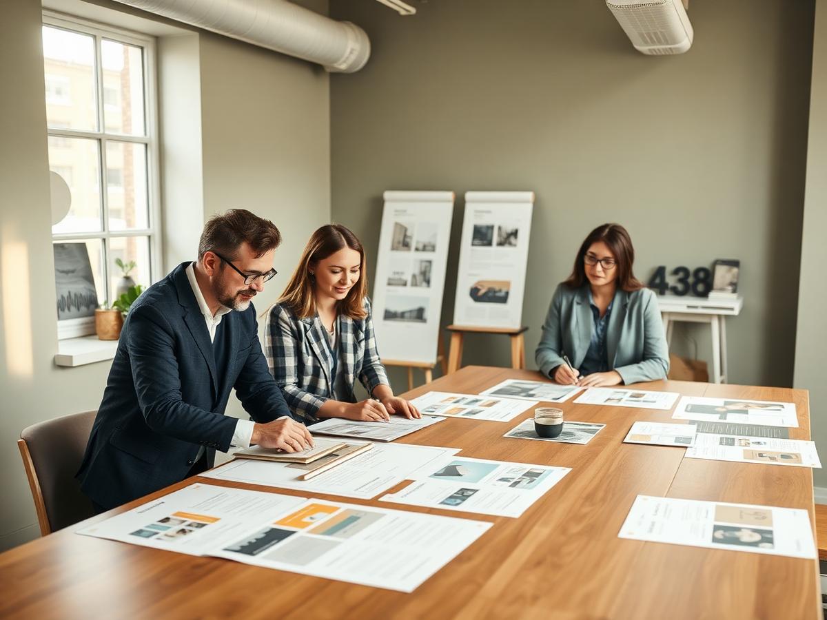 Team reviewing brand boards in a studio meeting
