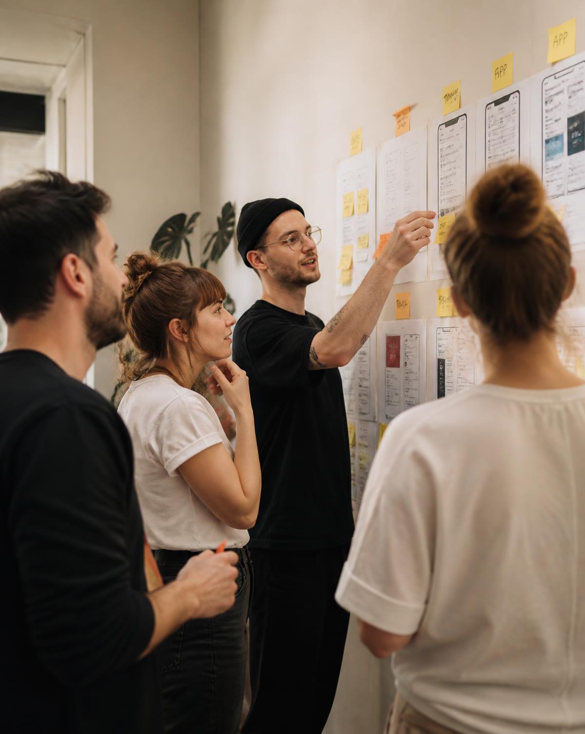 Tone team reviewing wireframes and sticky notes on a studio wall